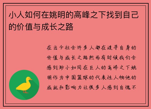 小人如何在姚明的高峰之下找到自己的价值与成长之路